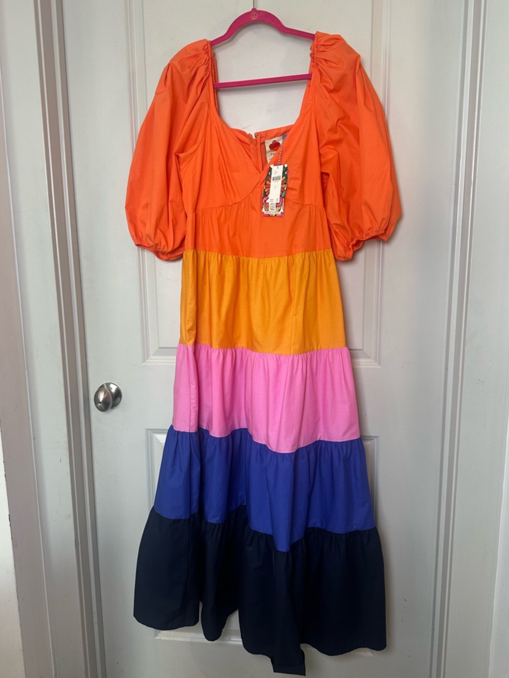 NEW FARM RIO Cotton Tiered RufflePuff Sleeves Colorblock Maxi Dress, Medium - Picture 9 of 16
